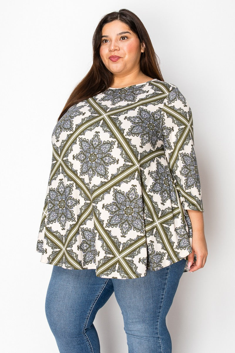 Extra Plus Size 3qtr Sleeves Print Tunic Top