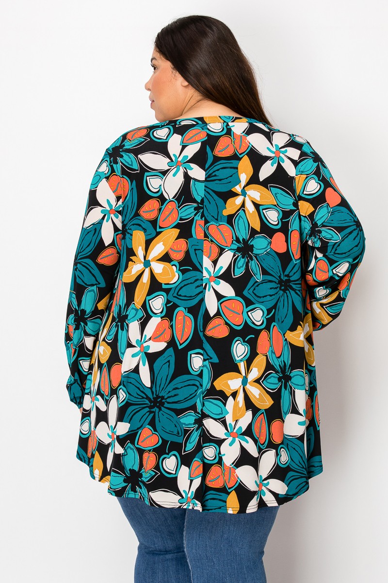 Extra Plus Size V-neck Flower Print Tunic Top