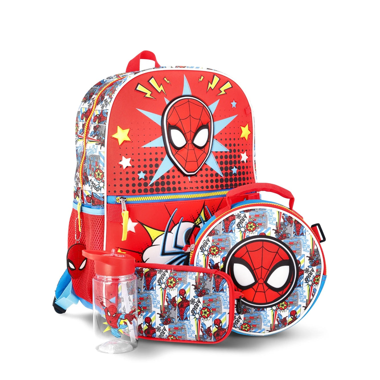 Marvel Spider-Man Boys 17" Backpack, Lunch Kit, Zip Case, Keychain and Water Bottle 5-Piece Set, Red