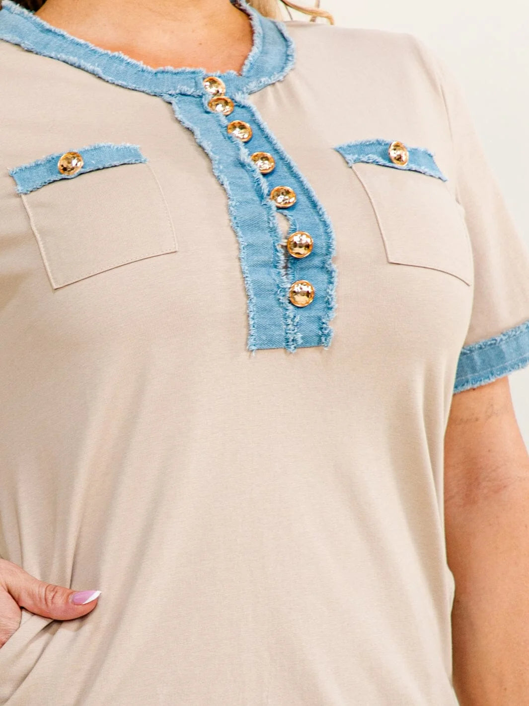 Denim detail Plus size short sleeve button up front pockets mini dress