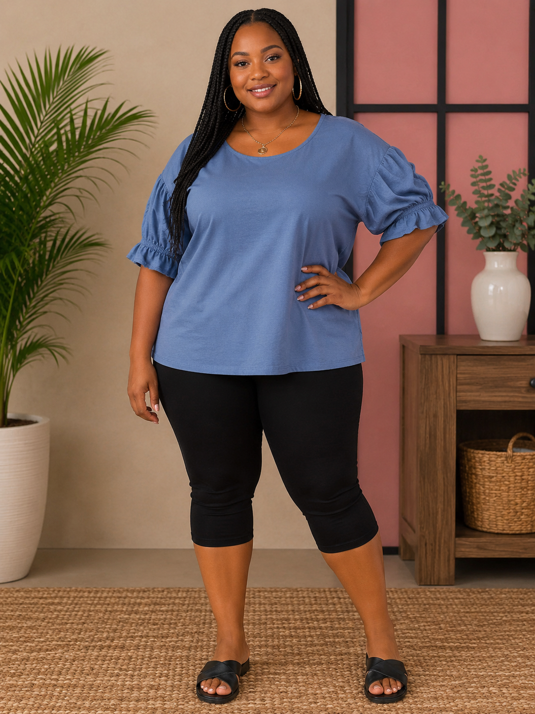 Cotton Top with shirred frill sleeve