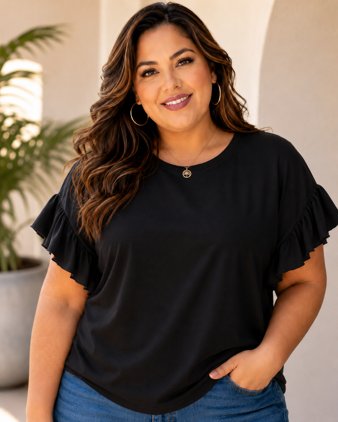Frill sleeve casual plus top