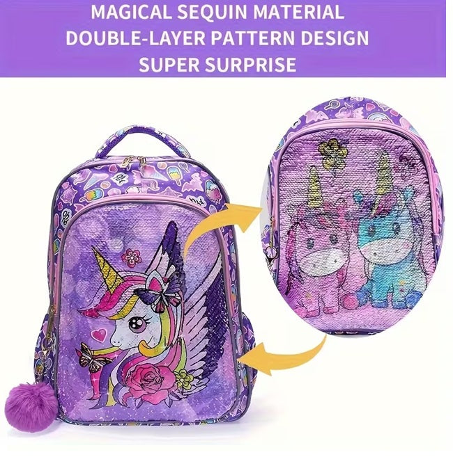 Purple sequin unicorn with wings backpack set