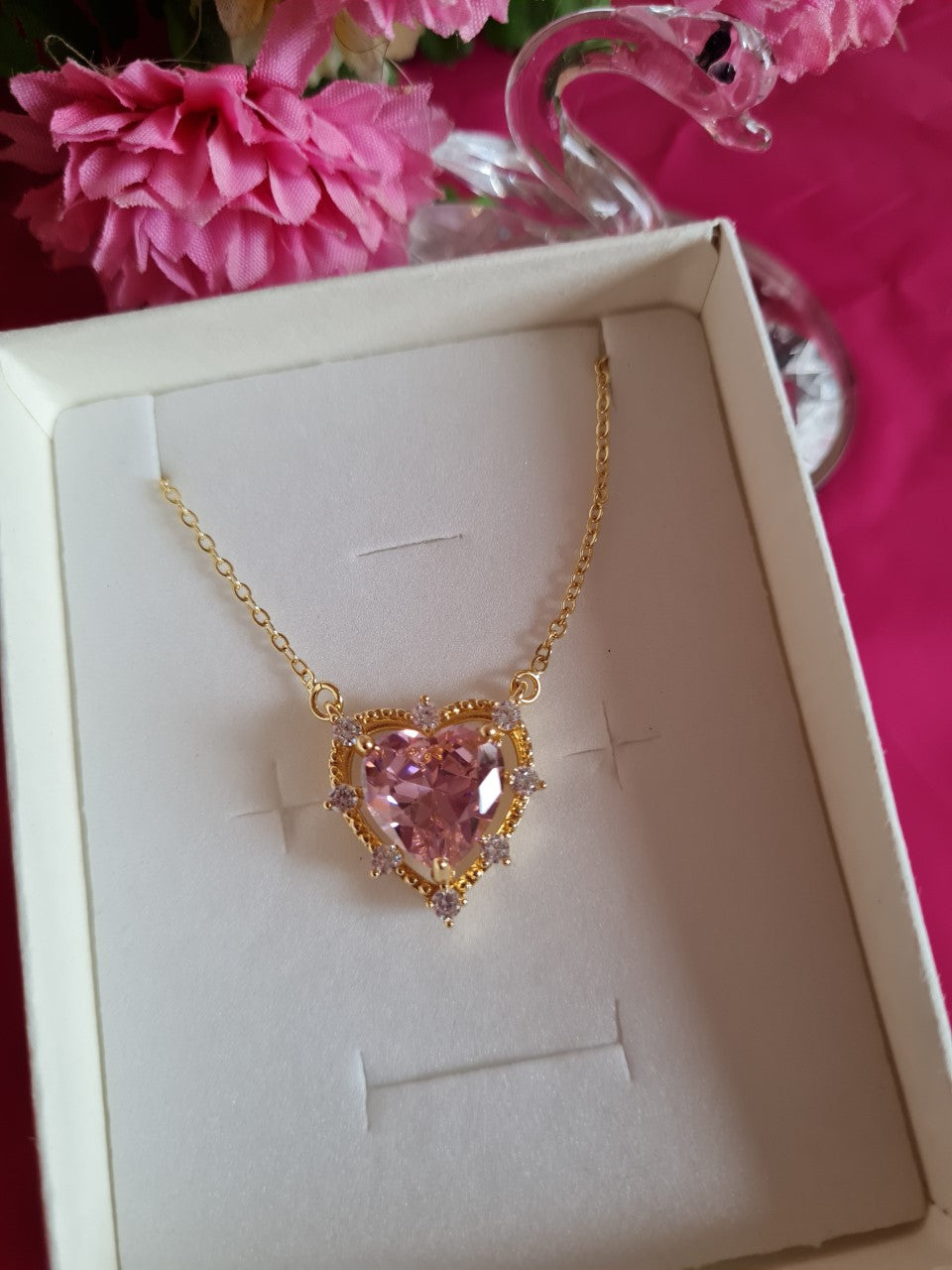 Heart necklace with pink stone