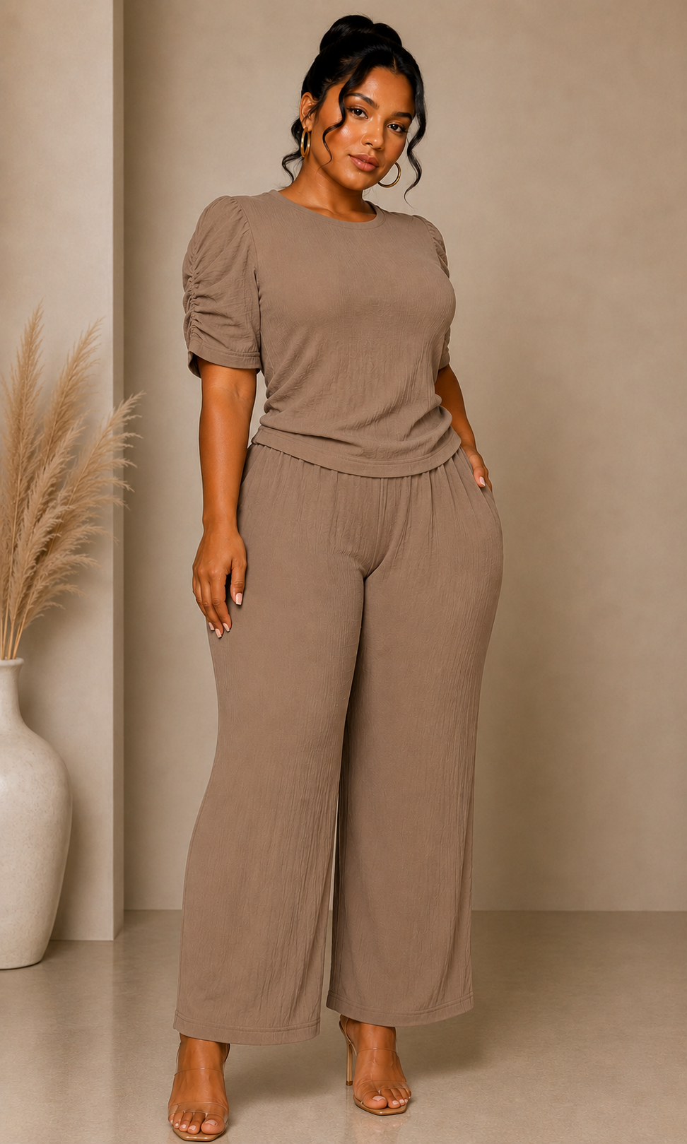 Round neck Shirred sleeve set