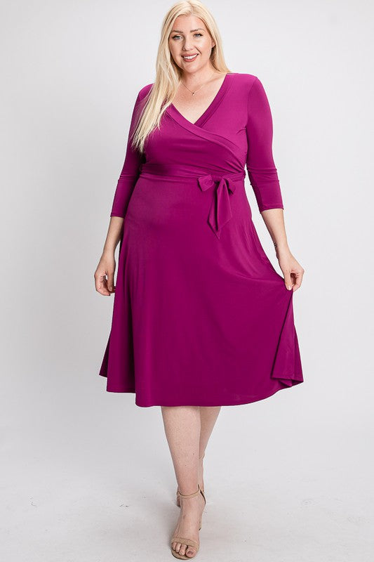 Plus solid wrap midi dress 3/4 sleeve