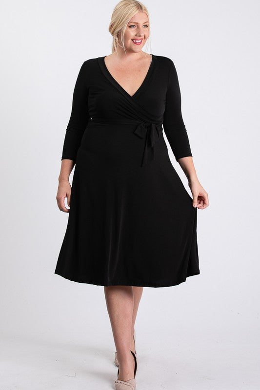 Plus solid wrap midi dress 3/4 sleeve