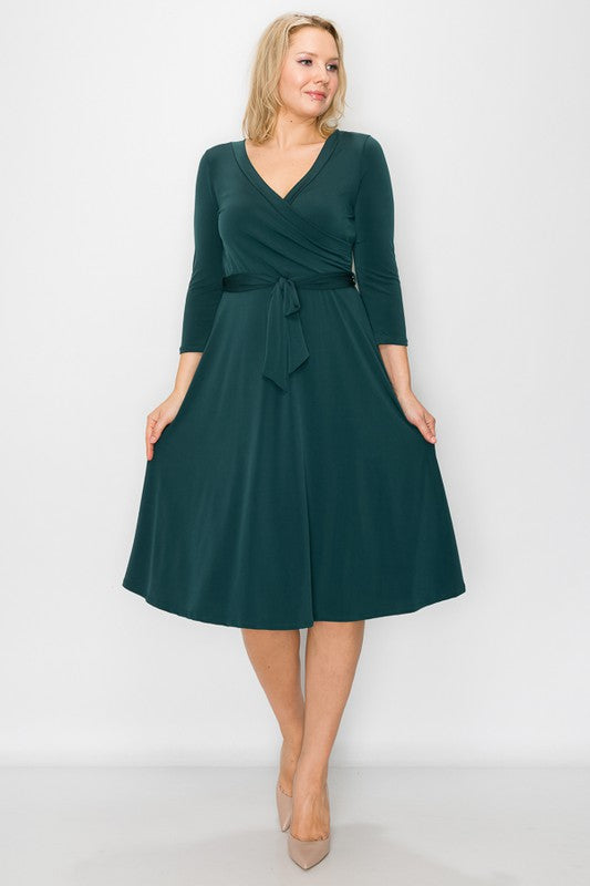 Plus solid wrap midi dress 3/4 sleeve
