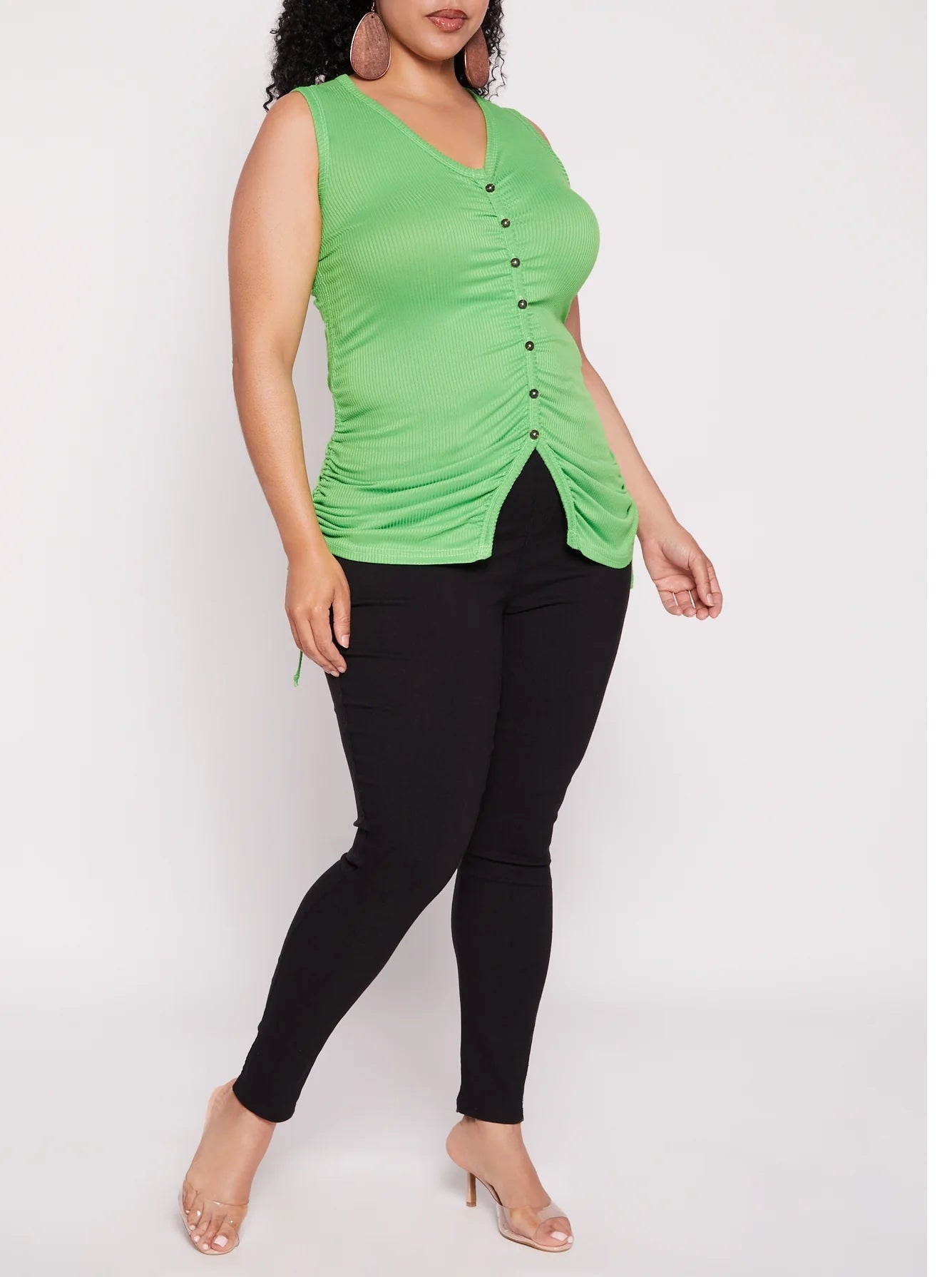 Plus Size Rib Knit Ruched Side Button Front Tank Top