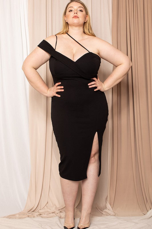 Double Strap One Shoulder Plus Midi Dress