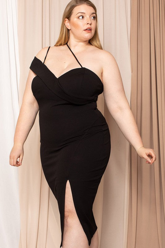 Double Strap One Shoulder Plus Midi Dress