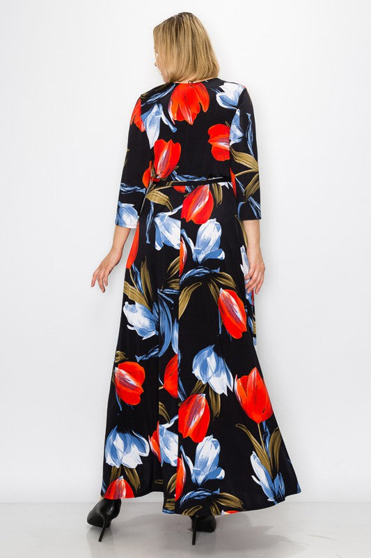 3/4 sleeve maxi wrap dress