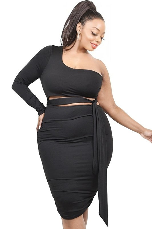 Plus One Shoulder Waist Tie midi Dress