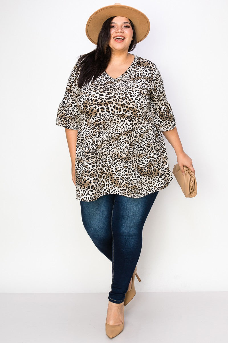 Animal print Extra Plus Size V Neck Ruffle Sleeves Tunic Top