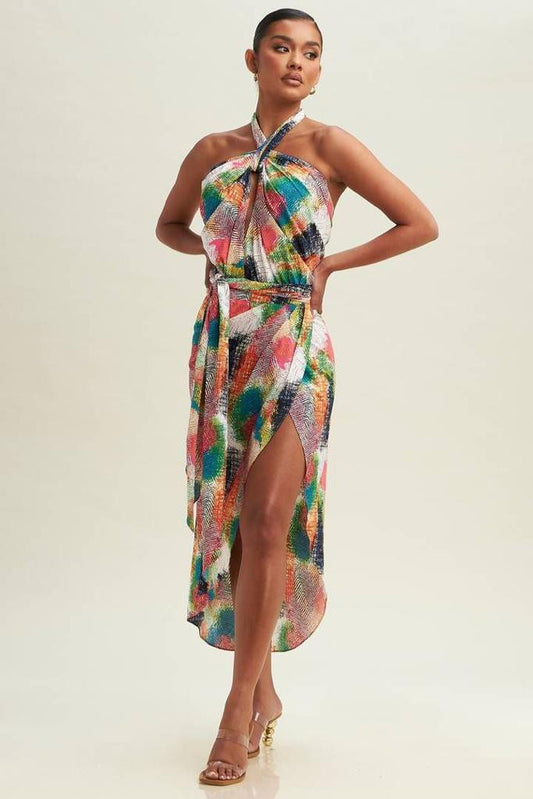 Tropical wrap halter dress