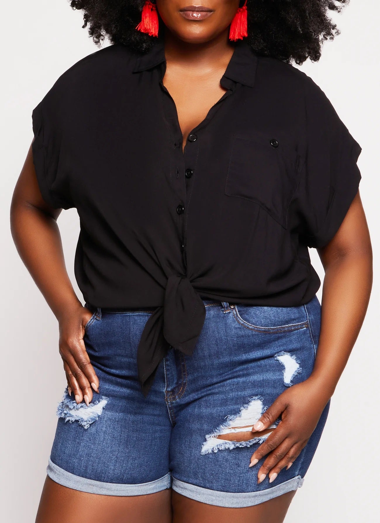 Plus Size Short Sleeve Button Front High Low Shirt