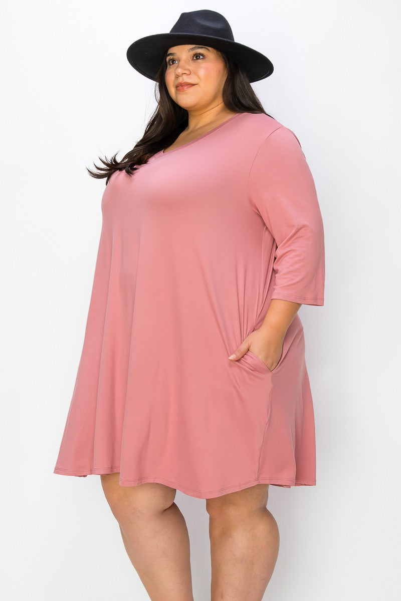 Extra Plus Size 3qtr Sleeves Dress W Pockets