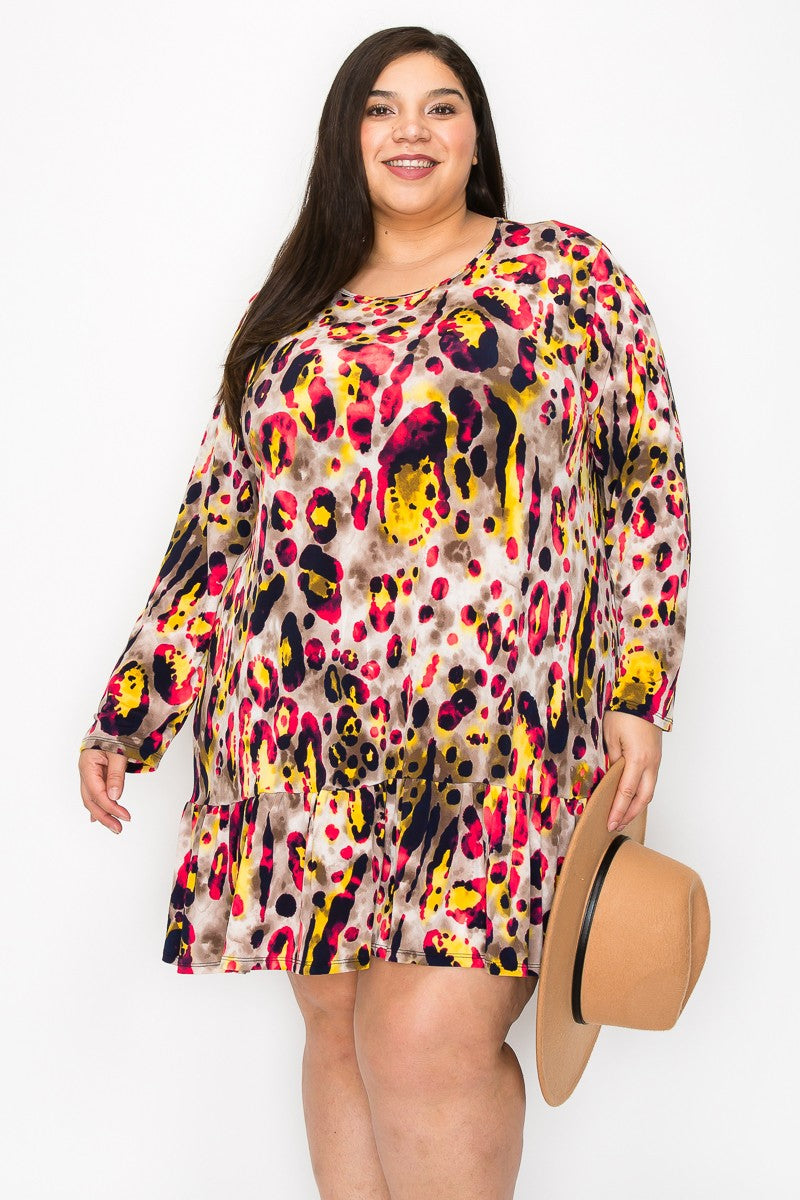 Extra Plus Size Ruffle Hem Multi Print Dress