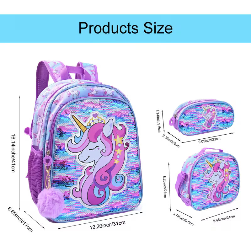 Unicorn sequin 3 pc backpack set