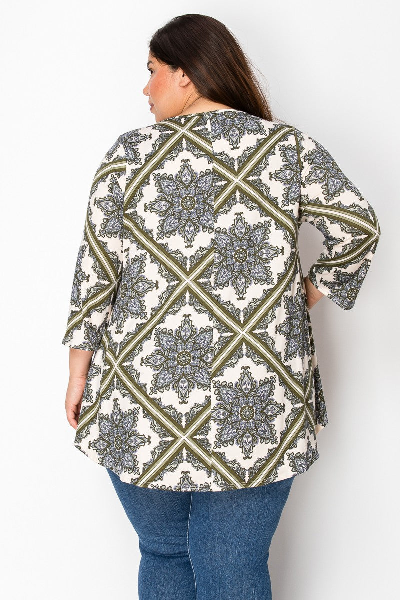 Extra Plus Size 3qtr Sleeves Print Tunic Top