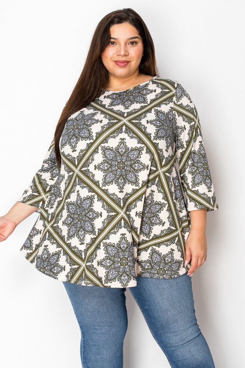 Extra Plus Size 3qtr Sleeves Print Tunic Top
