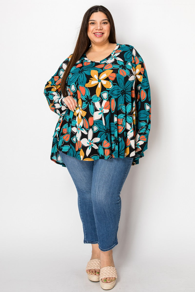 Extra Plus Size V-neck Flower Print Tunic Top