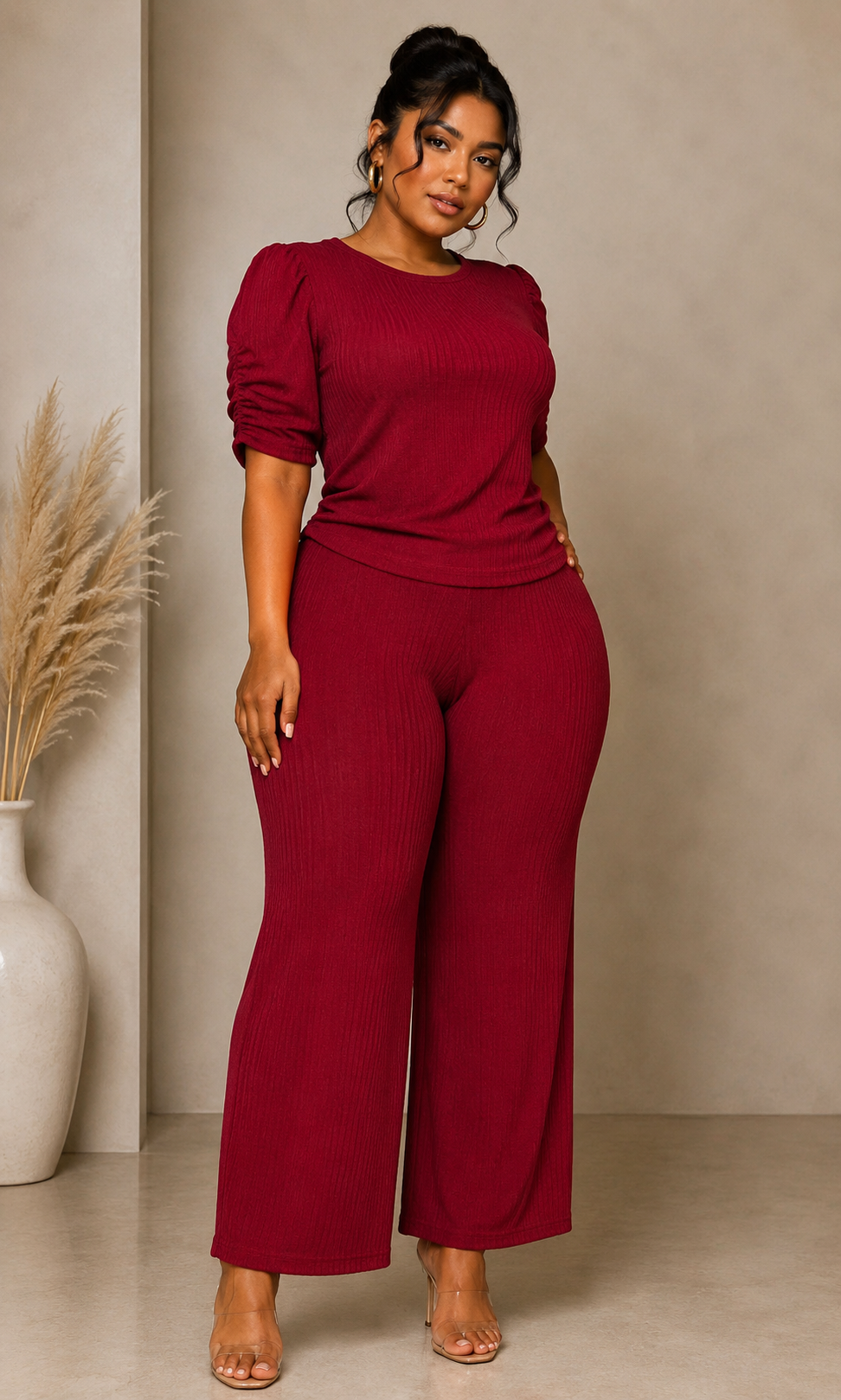 Round neck Shirred sleeve set