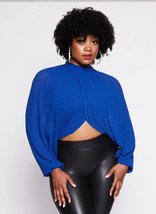 Plus Size Chiffon Mock Neck Long Sleeve Crop Top