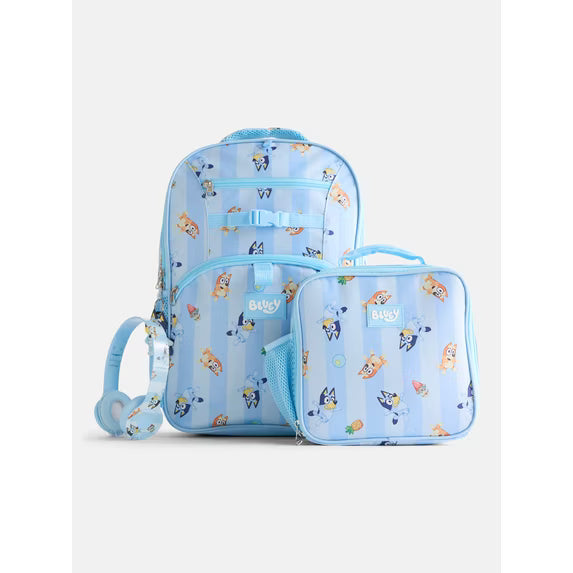 BBC Bluey Unisex Striped Sister Dance Backpack Set with Lunch Bag and Headphones, 3 Piece