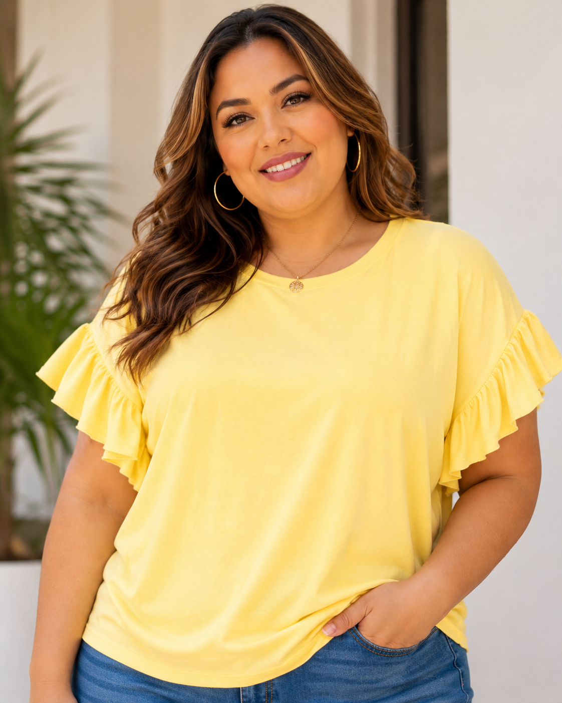 Frill sleeve casual plus top