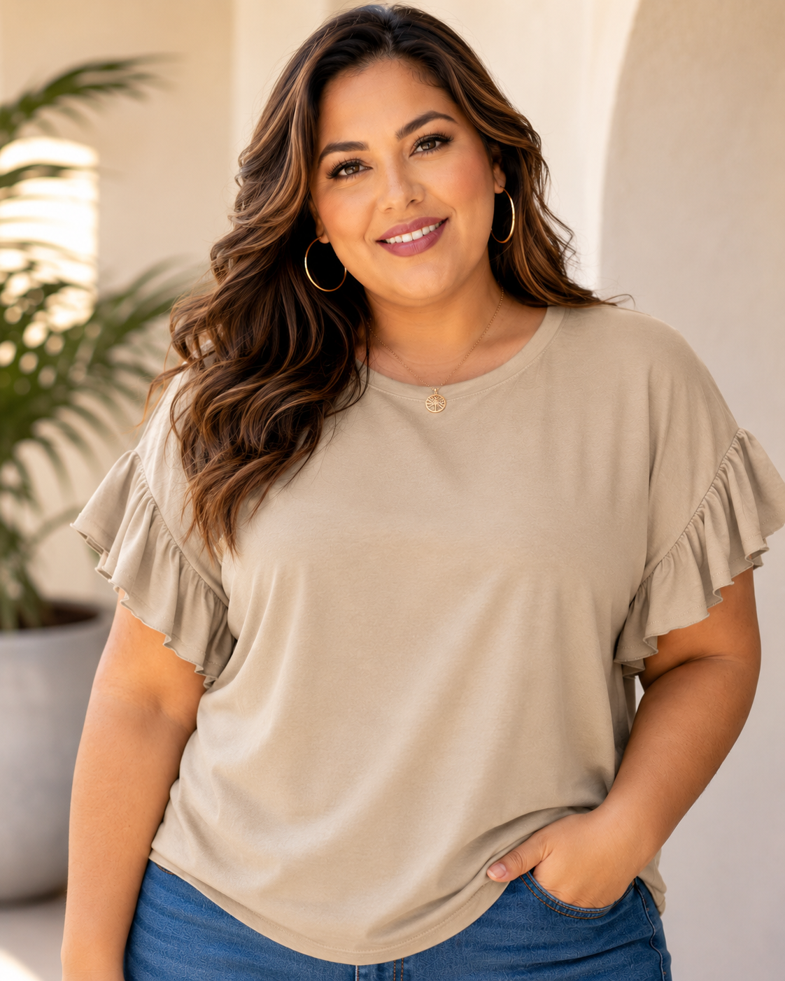 Frill sleeve casual plus top