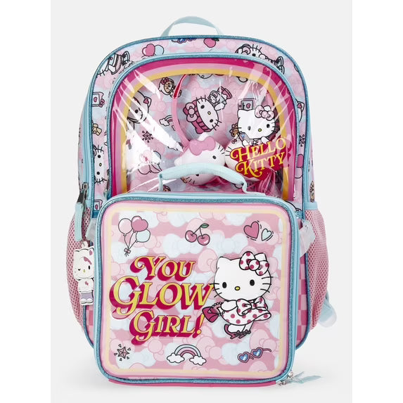 Hello Kitty Girls 17" You Glow Girl Backpack Set with Headphones & Lunch Box, 3-Piece Set, Pink