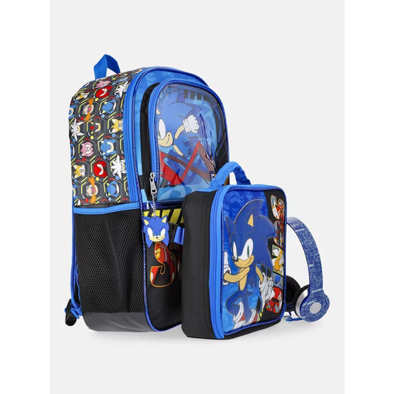 Sonic the Hedgehog 17" Backpack, Lunch Tote and Headphones Set, 3-Piece, Blue