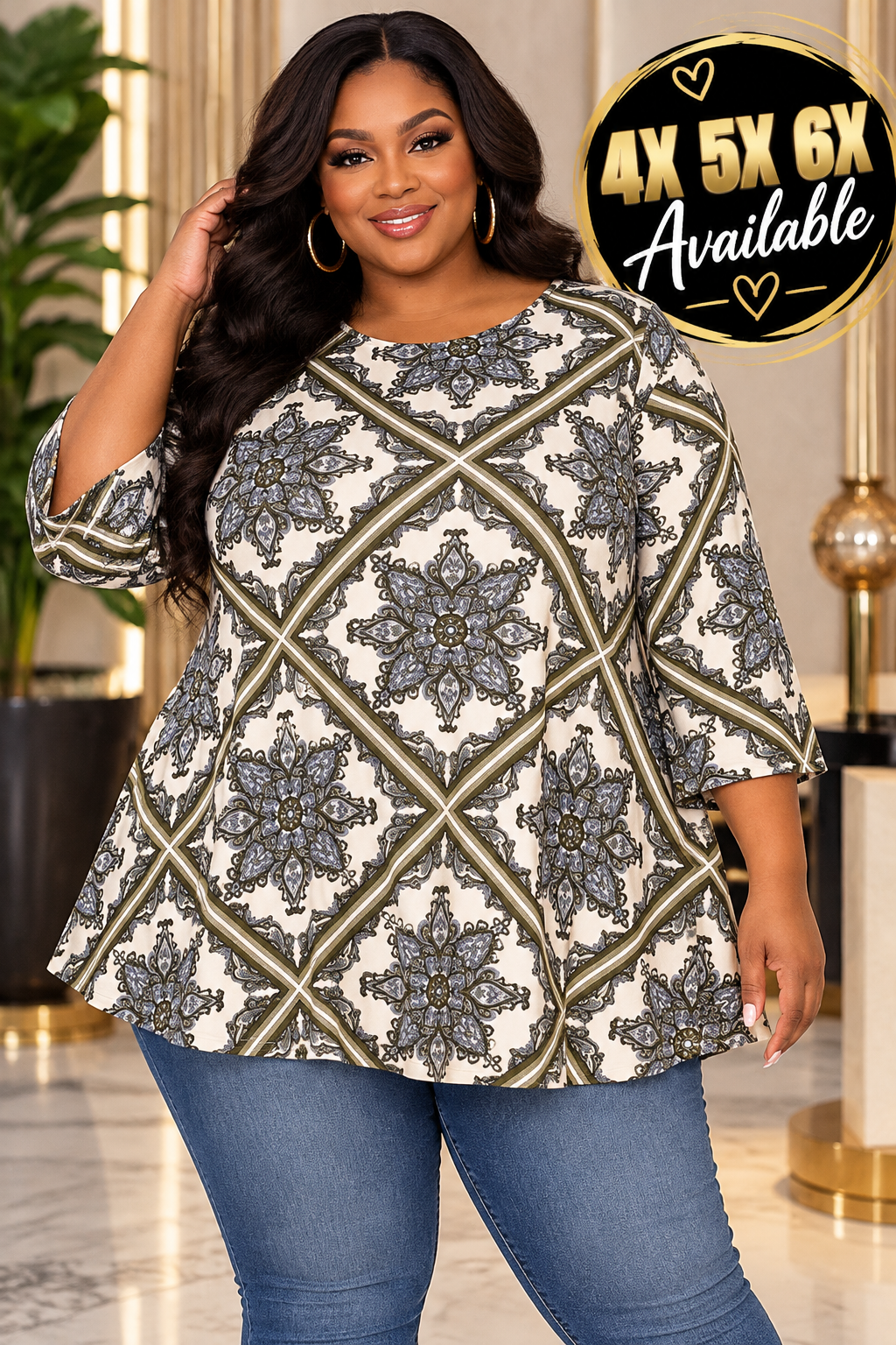 Extra Plus Size 3qtr Sleeves Print Tunic Top