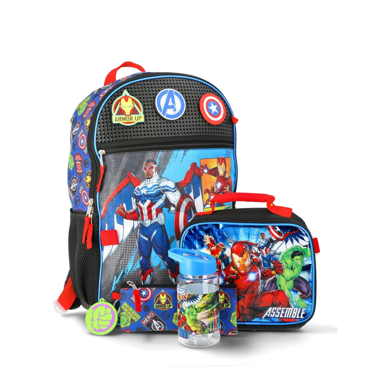 Marvel Avengers Boys Customizable Charm 17" 5-Piece Backpack Set, Royal Blue