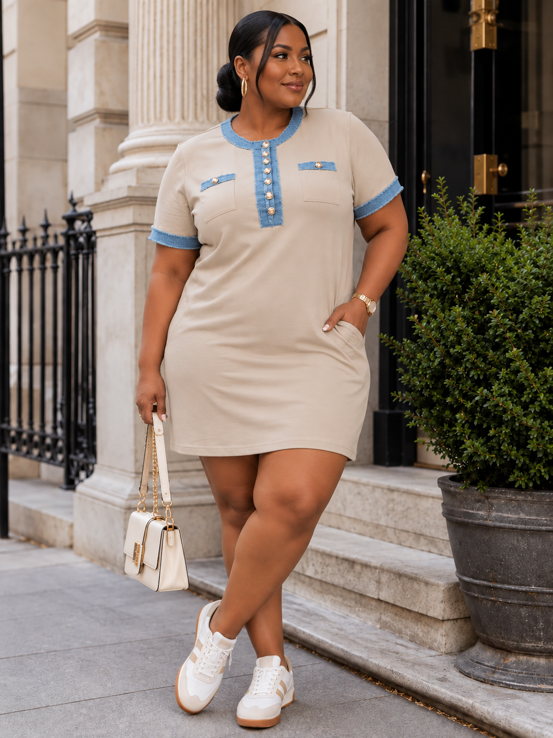 Denim detail Plus size short sleeve button up front pockets mini dress