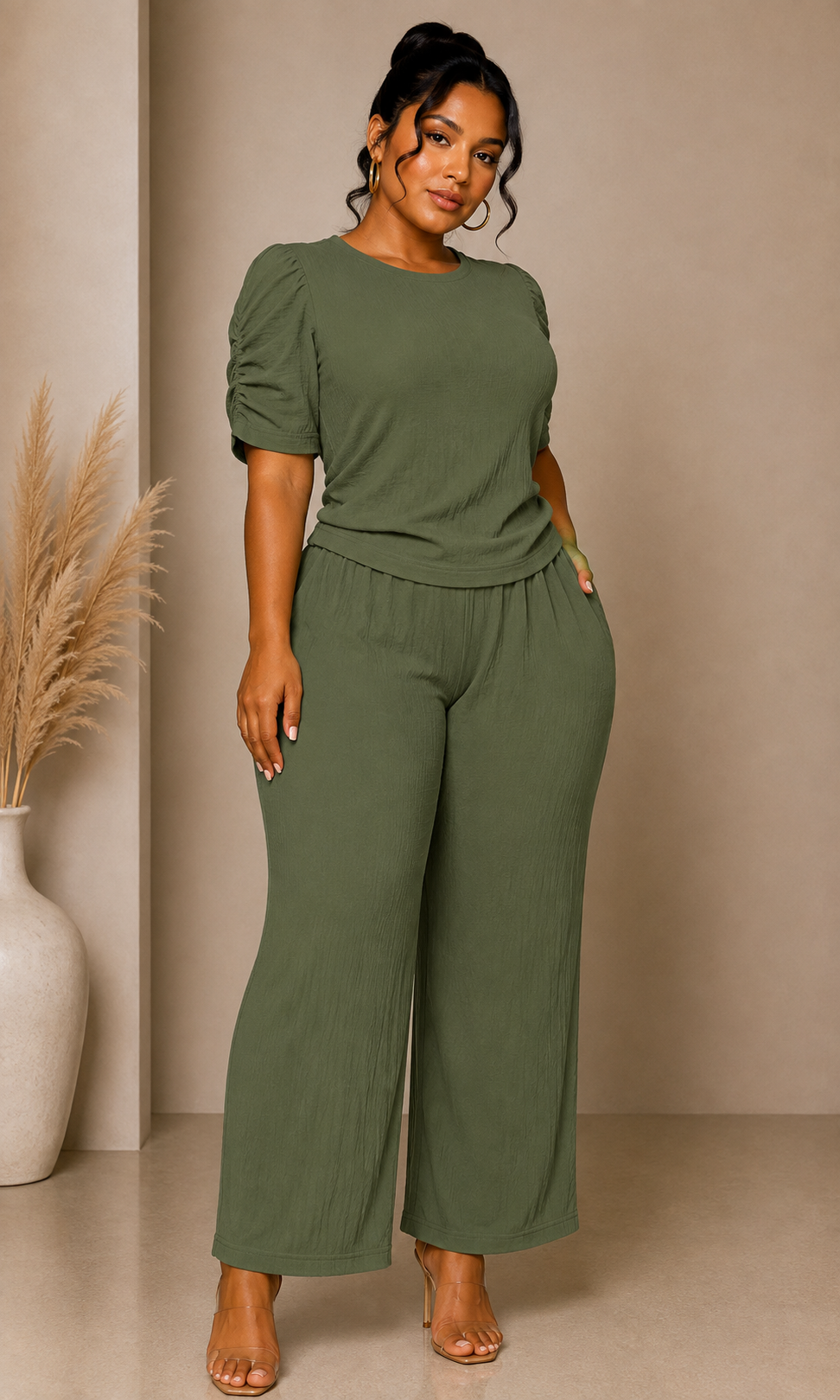 Round neck Shirred sleeve set
