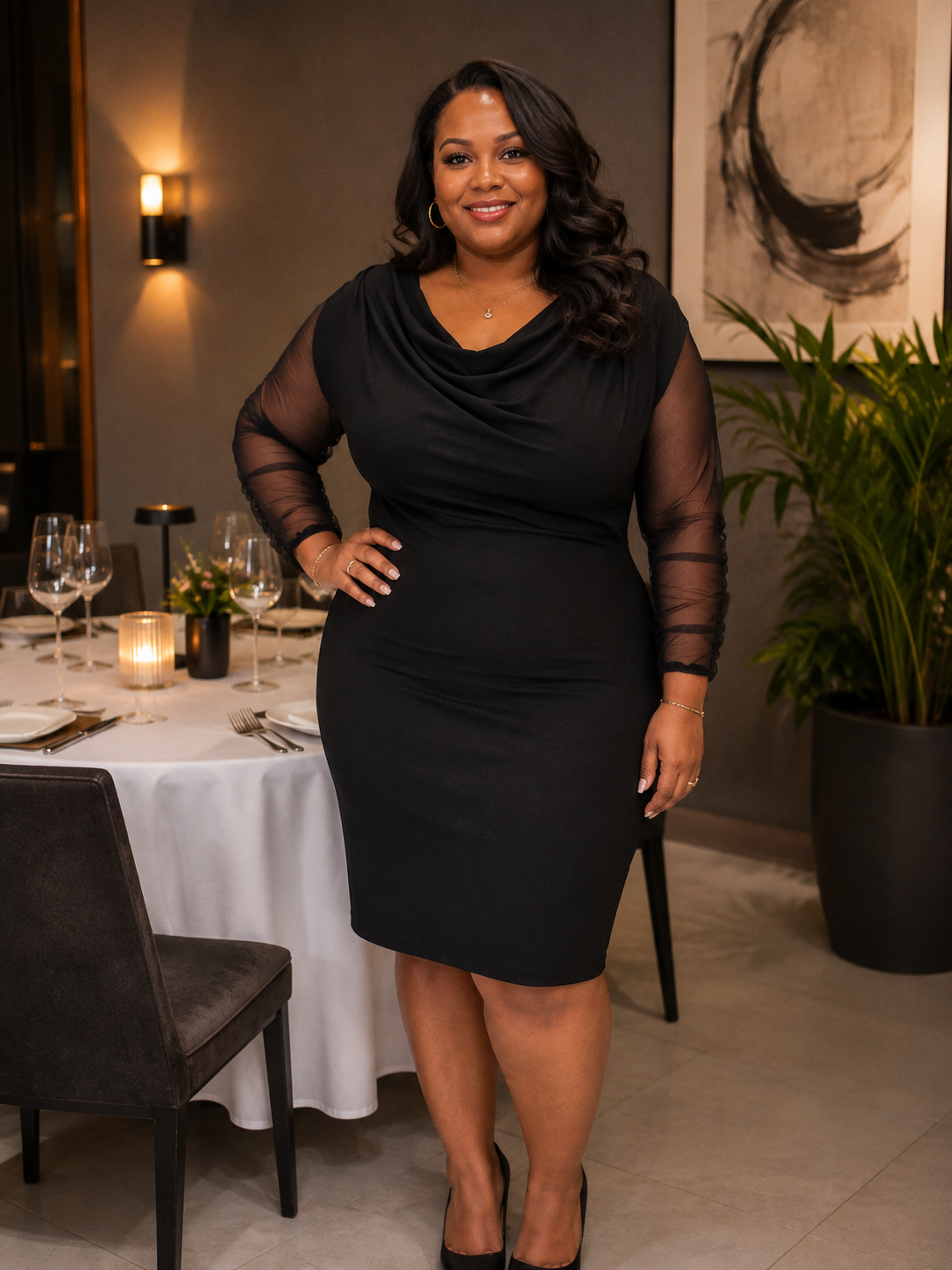 Plus cowl neck dinner dress