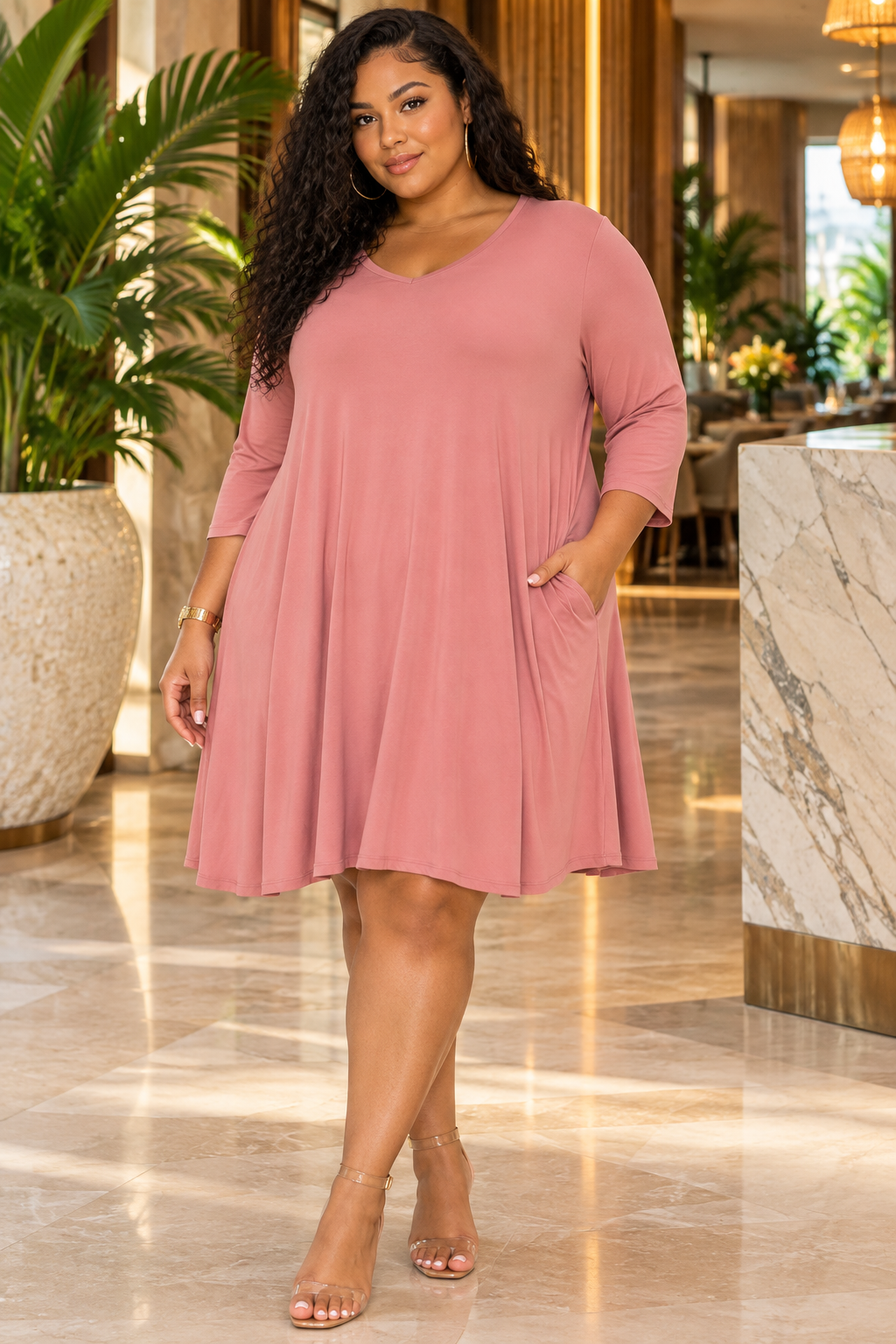 Extra Plus Size 3qtr Sleeves Dress W Pockets