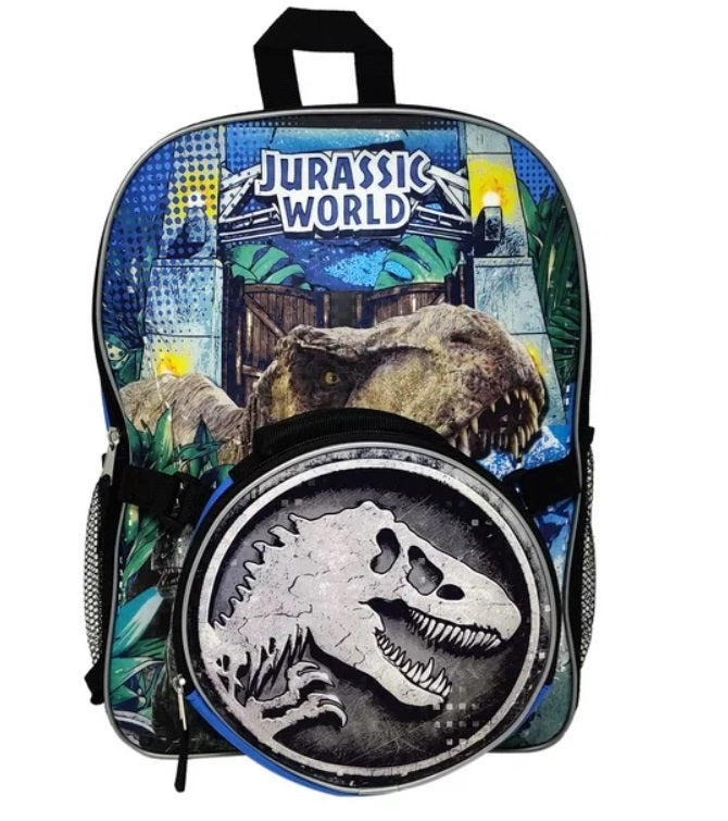 Jurassic World Park Backpack 16" & Insulated Lunch Bag Detachable T-Rex Boys