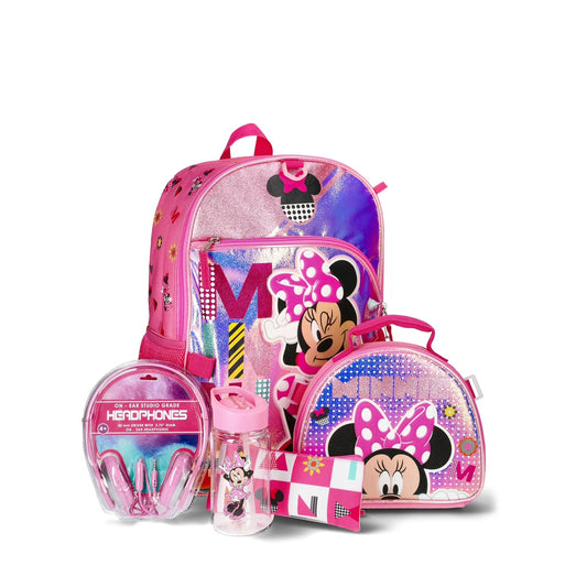 Disney Minnie Mouse Kids Backpack with Headphones, 6-Piece Set, Pink
