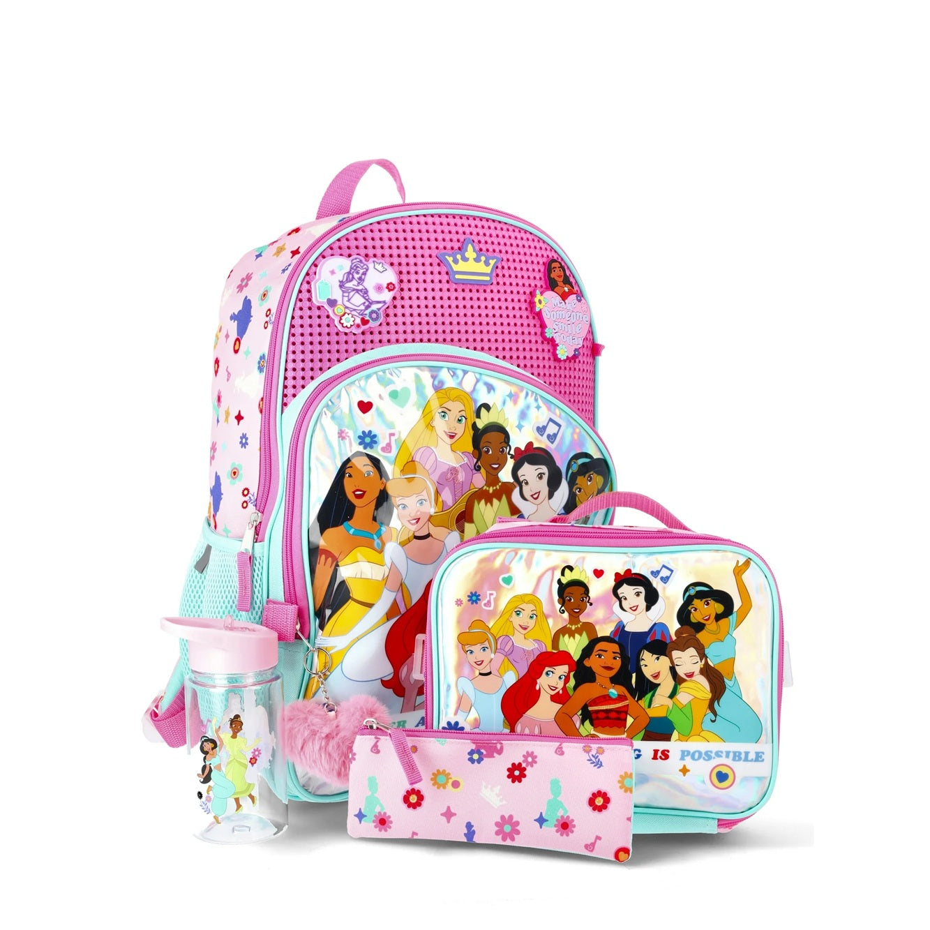 Disney Princess Girls Customizable Charm 17" 5-Piece Backpack Set, Light Pink