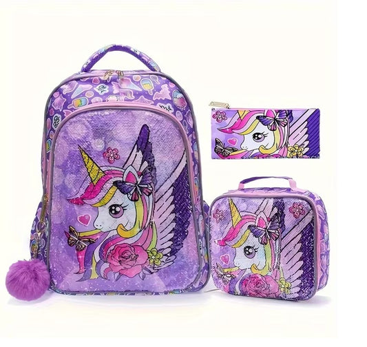 Purple sequin unicorn with wings backpack set