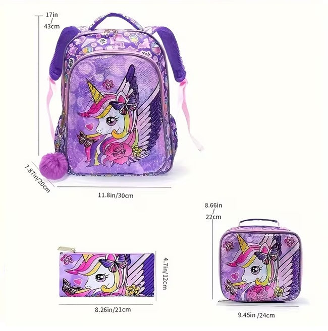Purple sequin unicorn with wings backpack set