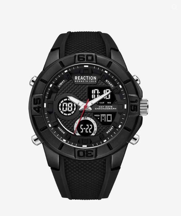 Analog and Digital Watch with Textured Black Silicone Strap